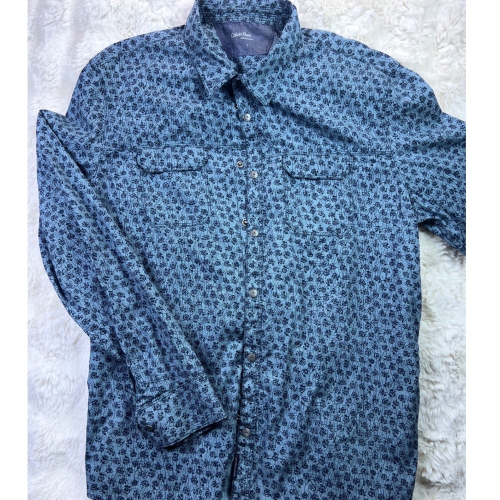 Calvin Klein Jeans Mens L Blue Black Floral Rose Print Button Down Shirt L. A33